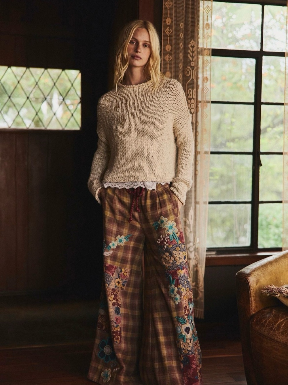 NWT Free People Brooks Embroidered Wide-Leg Patchwork Pants in Green Combo - Picture 15 of 16